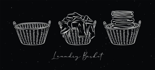 Laundry baskets empty, with dirty and clean clothes drawing in graphic style on black background