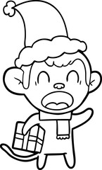 shouting line drawing of a monkey carrying christmas gift wearing santa hat