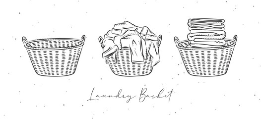 Laundry baskets empty, with dirty and clean clothes drawing in graphic style on white background - obrazy, fototapety, plakaty