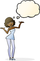 cartoon woman in cocktail dress with thought bubble