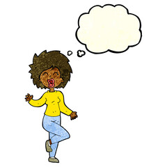 cartoon woman dancing with thought bubble