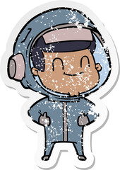 distressed sticker of a happy cartoon astronaut