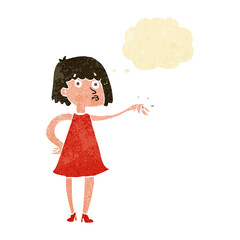 cartoon woman showing off engagement ring with thought bubble