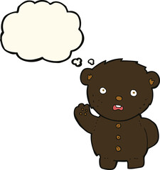 cartoon unhappy black teddy bear with thought bubble