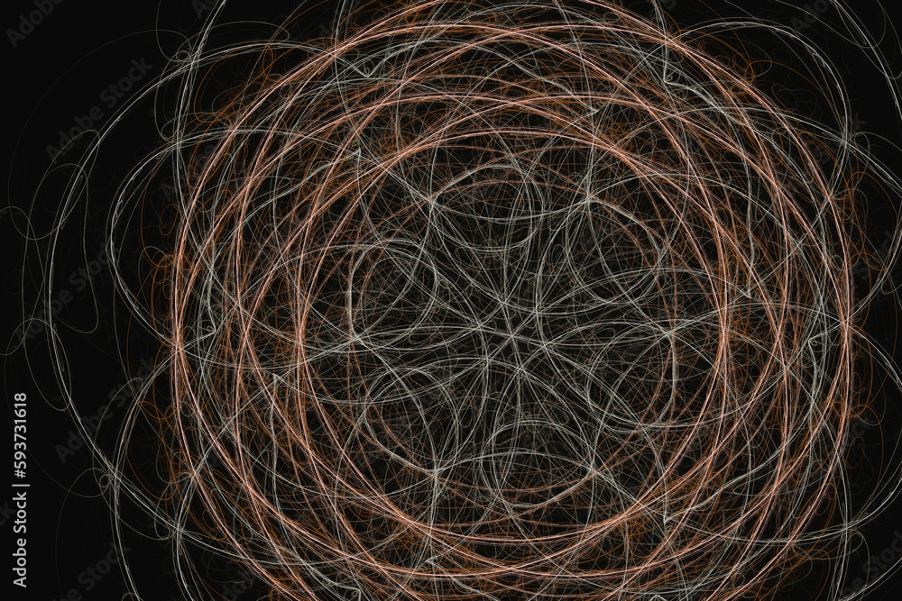 Poster orange gray pattern of crooked threads on a black background. abstract fractal 3d rendering