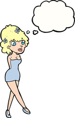cartoon woman posing in dress with thought bubble