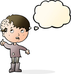 cartoon boy with growth on head with thought bubble