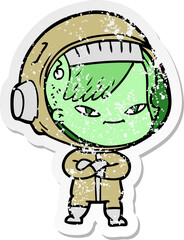 distressed sticker of a cartoon astronaut woman