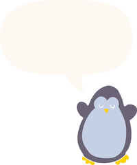 cartoon penguin and speech bubble in retro style