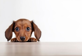 Adorable Dachshund Puppy Peeking Out from Behind White Table with Copy Space, Isolated on White Background. Generative AI.