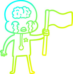 cold gradient line drawing cartoon crying big brain alien waving a flag