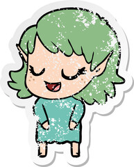 distressed sticker of a happy cartoon elf girl