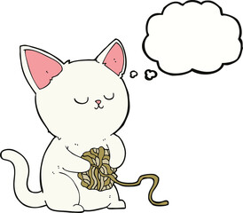 cartoon cat playing with ball of yarn with thought bubble