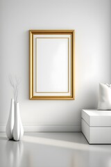 Fototapeta na wymiar A minimalist gold frame mockup hanging on a wall with a white background, ideal for displaying your minimalist art or photography.