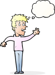 cartoon happy boy waving with thought bubble