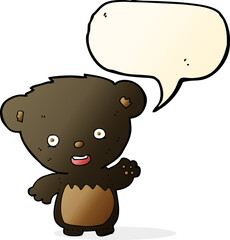 cartoon black bearcub waving with speech bubble