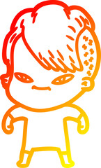 warm gradient line drawing cute cartoon girl with hipster haircut