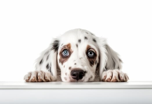 Adorable English Setter Puppy Peeking Out from Behind White Table with Copy Space, Isolated on White Background. Generative AI.