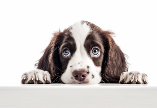 Adorable English Springer Spaniel Puppy Peeking Out from Behind White Table with Copy Space, Isolated on White Background. Generative AI.