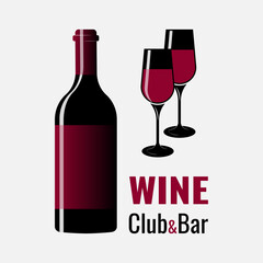 Wine bottle and glass. Wine club and bar. Design on a light background. Vector illustration.