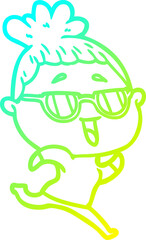 cold gradient line drawing cartoon happy woman wearing spectacles