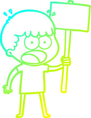cold gradient line drawing cartoon shocked man with placard