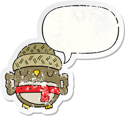 cute cartoon owl in hat and speech bubble distressed sticker