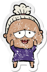 distressed sticker of a cartoon happy old lady