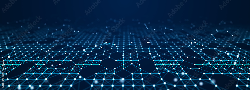 Fototapete Corrupted network or connection. Abstract digital background of points and lines. Glowing plexus. Big data. Abstract technology science background. 3d rendering