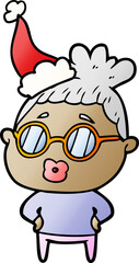 gradient cartoon of a librarian woman wearing spectacles wearing santa hat
