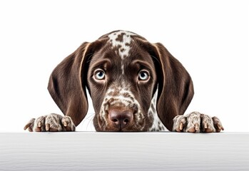Adorable German Shorthaired Pointer Puppy Peeking Out from Behind White Table with Copy Space, Isolated on White Background. Generative AI.