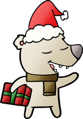 gradient cartoon of a bear with present wearing santa hat
