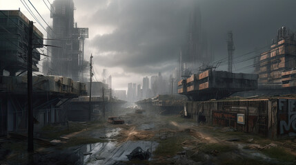 Dystopian Postapocalyptic city illustrated, Generative AI