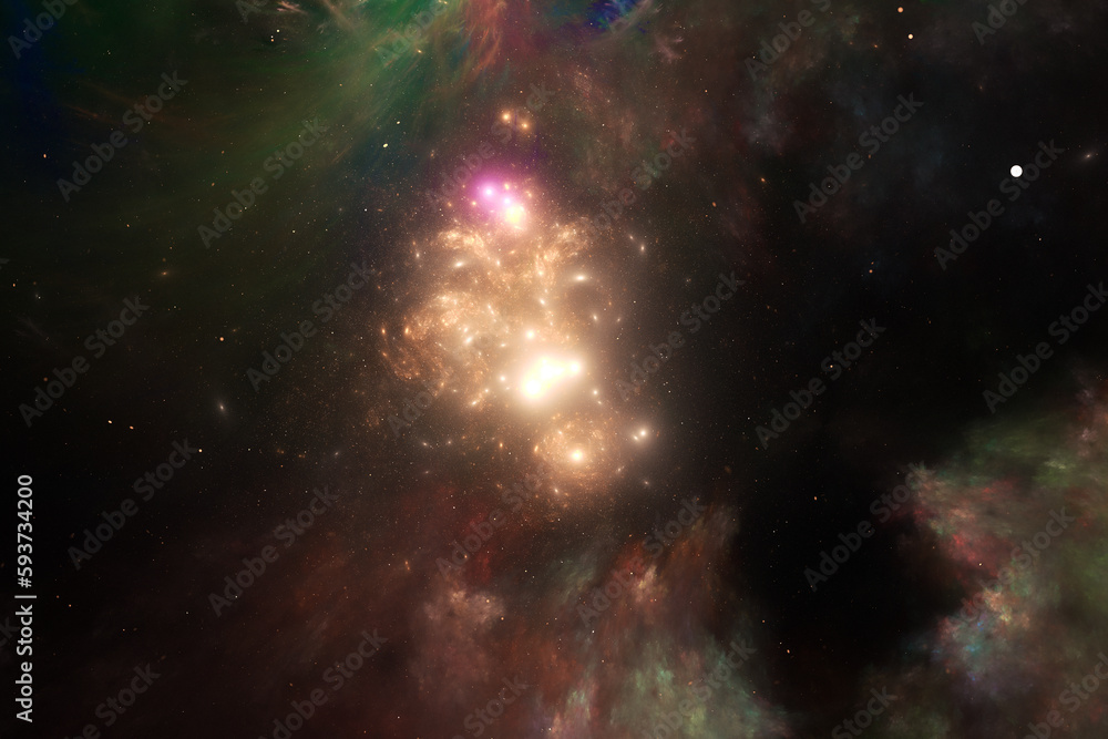 Poster orange glowing clouds of stardust in black space. abstract fractal 3d rendering