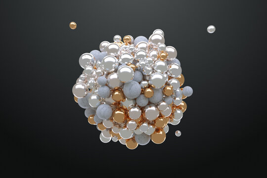 Abstract sphere composed of many shiny golden and silver balls.