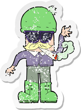 retro distressed sticker of a cartoon man smoking pot