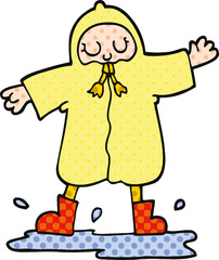comic book style cartoon person splashing in puddle wearing rain coat