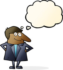 cartoon happy man in suit with thought bubble