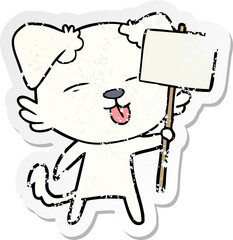 distressed sticker of a cartoon dog holding sign post