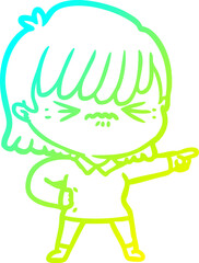 cold gradient line drawing annoyed cartoon girl pointing