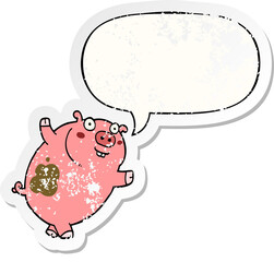 funny cartoon pig and speech bubble distressed sticker