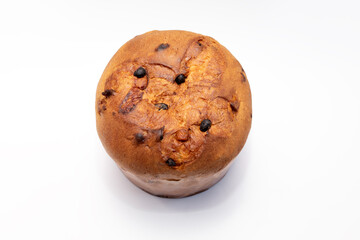 Isolated Panettone Italian Christmas Cake On White Background. Sweet bread, Fruitcake Originally From Milan, Italy. Pastry Dessert. Top view Horizontal plane.