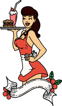traditional tattoo of a pinup waitress girl with banner