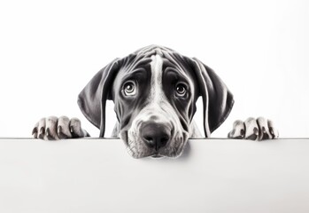 Adorable Great Dane Puppy Peeking Out from Behind White Table with Copy Space, Isolated on White Background. Generative AI.