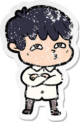 distressed sticker of a cartoon curious man