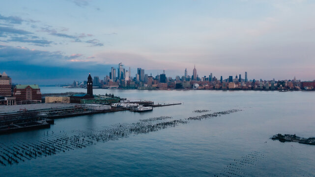 Drone View of Historic Hoboken Train Station, Waterfront and ships