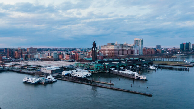 Aerial View of Historic Hoboken Train Station, Waterfront and ships