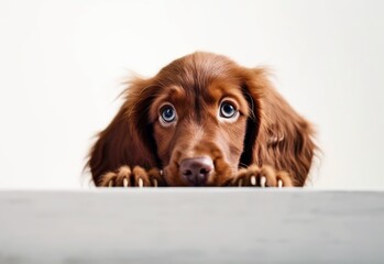 Adorable Irish Setter Puppy Peeking Out from Behind White Table with Copy Space, Isolated on White Background. Generative AI.