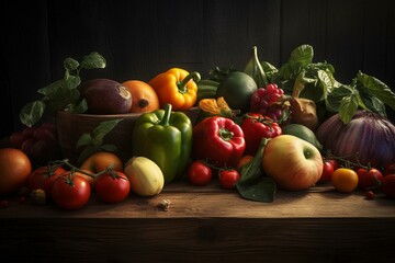 Fototapeta na wymiar fresh vegetables fruits on wooding board. Generated AI. Generative AI