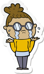 sticker of a cartoon crying woman wearing spectacles